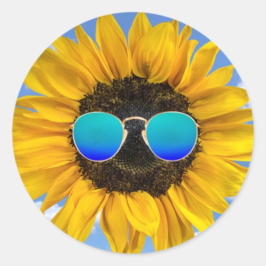 Retro-Sonnenbrille auf Sonnenblume Runder Aufkleber (Vorderseite)