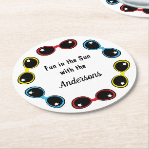 Retro-Sonnenbrille Primäres Blau Rot Runder Pappuntersetzer