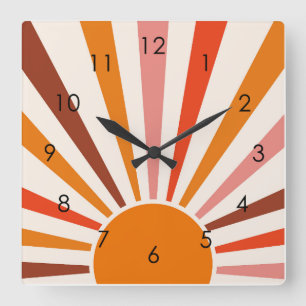 Retro Sonnenstrahlen Platzen Sonnenuntergang Orang Quadratische Wanduhr