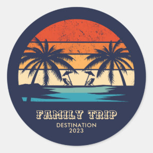 Retro Sonnenuntergang Familienausflug Beach Palm T Runder Aufkleber