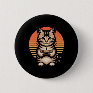Retro-Sonnenuntergang-Gamer-Katze-Gamepad-Kätzchen Button