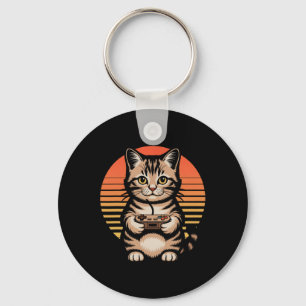 Retro Sonnenuntergang Gamer Katze Gamepad Kätzchen Schlüsselanhänger