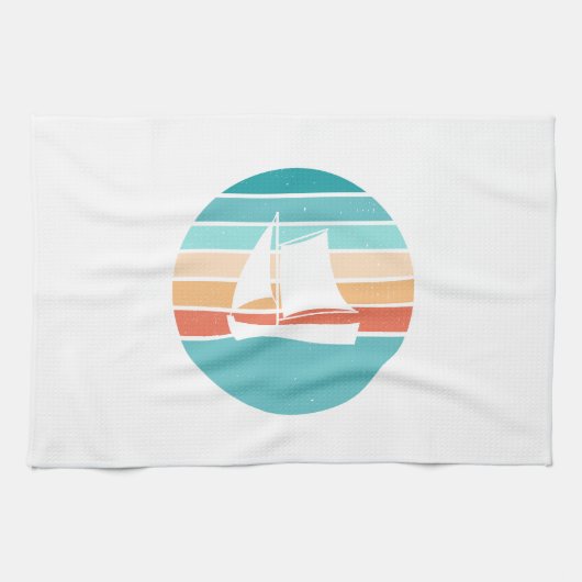 Retro Sonnenuntergang gestörter Effekt + Segelboot Geschirrtuch (Horizontal)