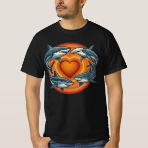 Retro-Sonnenuntergang-Hai-Squad-Herz-Kreis-Kunst T-Shirt