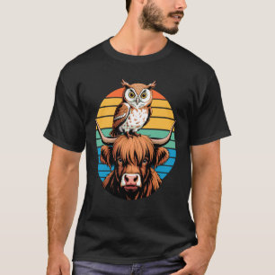 Retro Sonnenuntergang Highland Rind Vieh Eule T-Shirt
