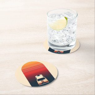 Retro Sonnenuntergang Minimalistischer Vintage-Aut Runder Pappuntersetzer