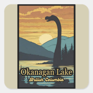 Retro-Sonnenuntergang Ogopogo, das Okanagan-Lake-M Quadratischer Aufkleber