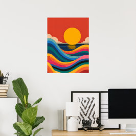 Retro-Sonnenuntergang Ozeanwellen Abstract Bauhaus Poster