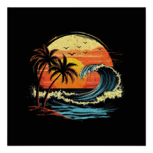 Retro-Sonnenuntergang Tropischer Vintage-Strand Pa Poster