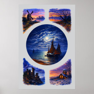 Retro-Sonnenuntergang und Nachtlandschaft-Vignette Poster