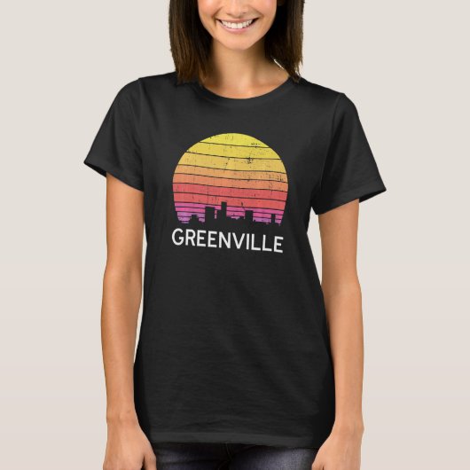 Retro South Carolina City Greenville Skyline Vinta T-Shirt (Vorderseite)