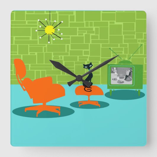 Retro Space Age Kitty Acrylic Wall Clock Quadratische Wanduhr (Vorderseite)