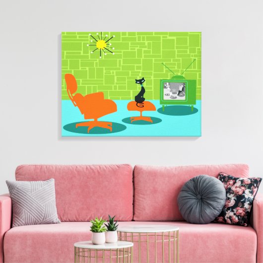 Retro Space Age Kitty Stretched Canvas Print Leinwanddruck (Insitu (Wohnzimmer))