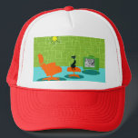 Retro Space Age Kitty Trucker Hat Truckerkappe<br><div class="desc">Es heißt, dass Hunde Besitzer haben und Katzen Mitarbeiter haben. Der Felin auf diesem Retro Space Age Kitty Trucker hat nicht mehr zustimmen können! Das minimalistische Design der 60er Jahre besticht durch eine elegante, schwarze Katze in einem modernen Wohnzimmer aus der Mitte des Jahrhunderts. Das elegante Zimmer besticht durch eine...</div>