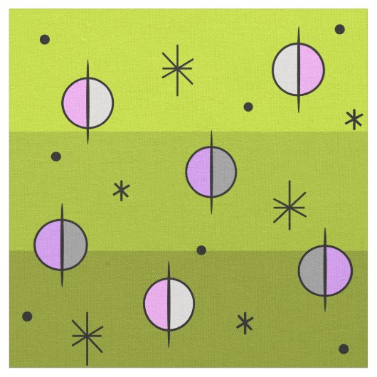 Retro Space Age Planets Stars Chartreuse Stoff (Nahaufnahme)