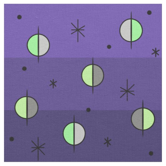 Retro Space Age Planets Stars Indigo Stoff (Nahaufnahme)
