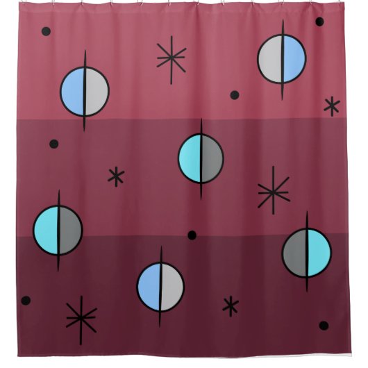 Retro Space Age Planets Stars Maroon Duschvorhang (Vorderseite)