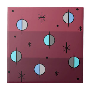 Retro Space Age Planets Stars Maroon Fliese