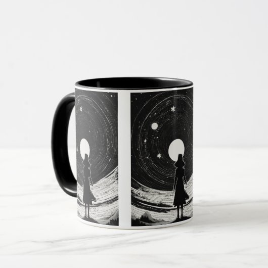 Retro Space Art | Schwarz-Weiß-Cartoon Tasse (Vorderseite Links)