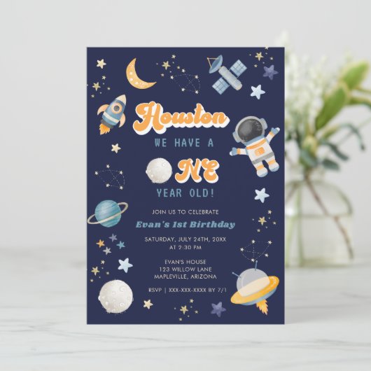 Retro Space Houston Wir haben einen 1-jährigen Geb Einladung (Stehend Vorderseite)