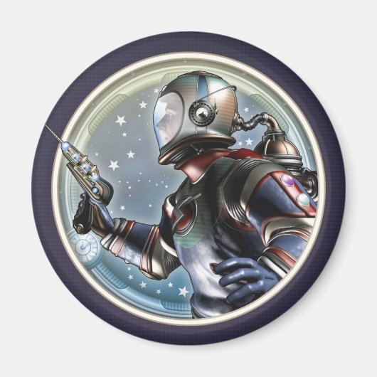 Retro Space Man Round Magnet (Vorne)