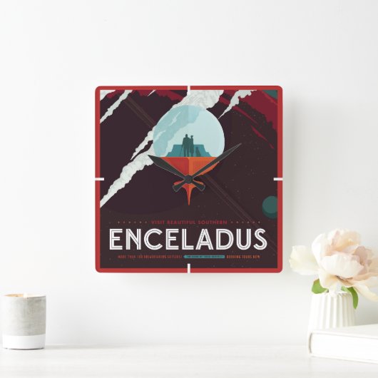 Retro Space Poster Cassini Mission to Saturn Quadratische Wanduhr (Zuhause)
