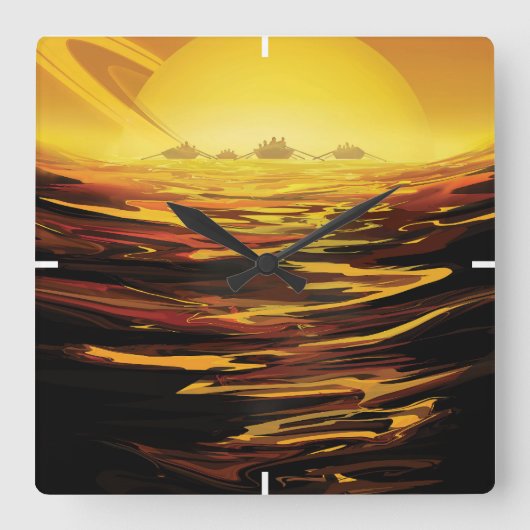 Retro Space Poster-Saturns Größter Mond, Titan. Quadratische Wanduhr (Vorderseite)