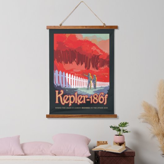 Retro Space Poster von Kepler-186f. Wandteppich Mit Holzrahmen (Schlafzimmer)