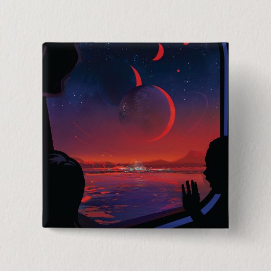 Retro Space Poster - Zuschauer beobachten Trappist Button (Vorderseite)