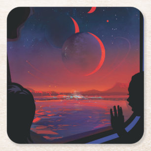 Retro Space Poster - Zuschauer beobachten Trappist Rechteckiger Pappuntersetzer