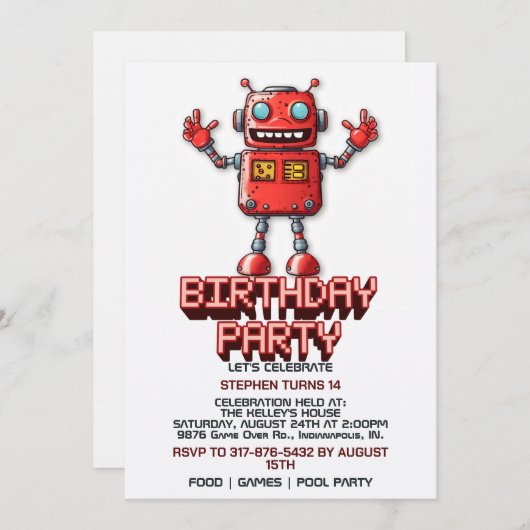 Retro Space Robot Birthday Party Invitations Einladung (Vorne/Hinten)