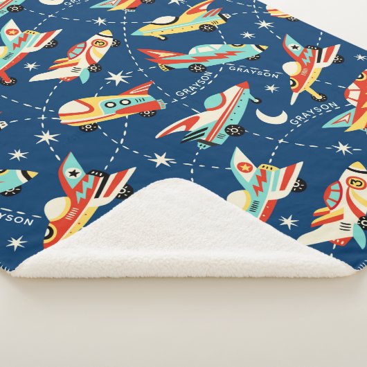 Retro Space Rocket Cars Personalisierter Name Sherpadecke (3/4)