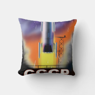 Retro Space Rocket Poster der sowjetischen Gewerks Kissen