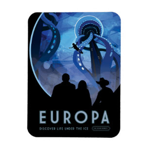Retro Space Travel Poster - Jupiter's Moon Europa. Magnet