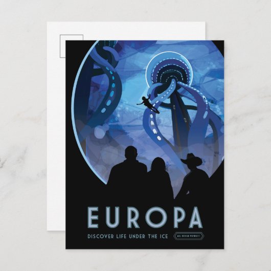 Retro Space Travel Poster - Jupiter's Moon Europa. Postkarte (Vorne/Hinten)