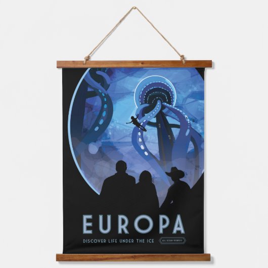 Retro Space Travel Poster - Jupiter's Moon Europa. Wandteppich Mit Holzrahmen (Vorderseite)