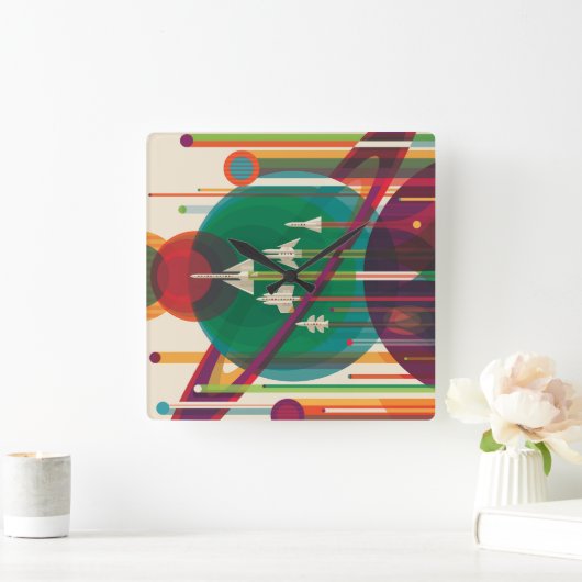 Retro Space Travel Poster - Solar System Grand Tou Quadratische Wanduhr (Zuhause)
