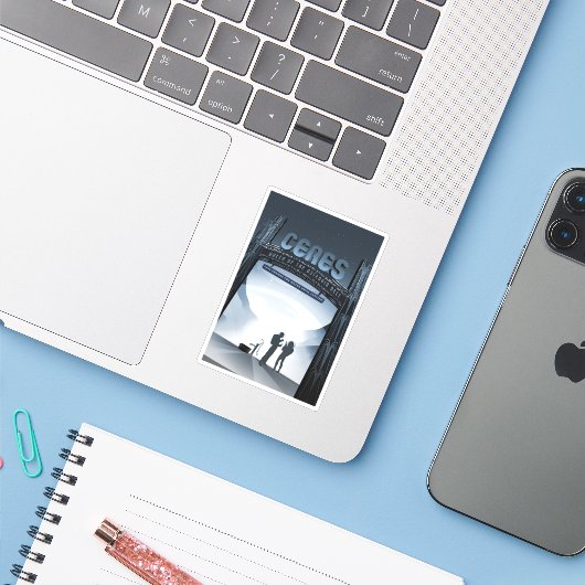 Retro Space Travel Poster-Zwerg Planet Ceres. Aufkleber (Laptop mit iPhone)