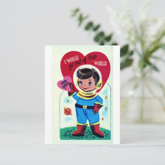 Retro Space Valentine Feiertagspostkarte (Stehend Vorderseite)