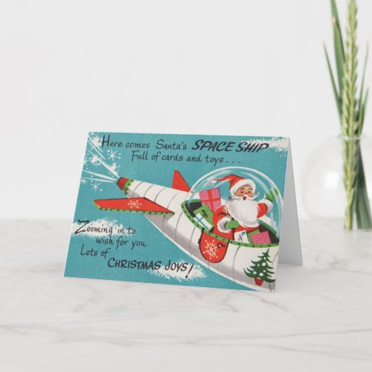 Retro Spaceship Santa Christmas Card Feiertagskarte (Vorderseite)
