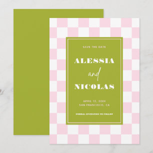 Retro-Spaß Pink & Grün Karo-Hochzeit Save The Date