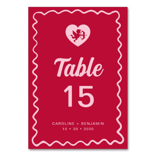 Retro-Spaß-Welliges Rahmen-Rot-Rosa-Cupid-Hochzeit Tischnummer (Vorderseite)