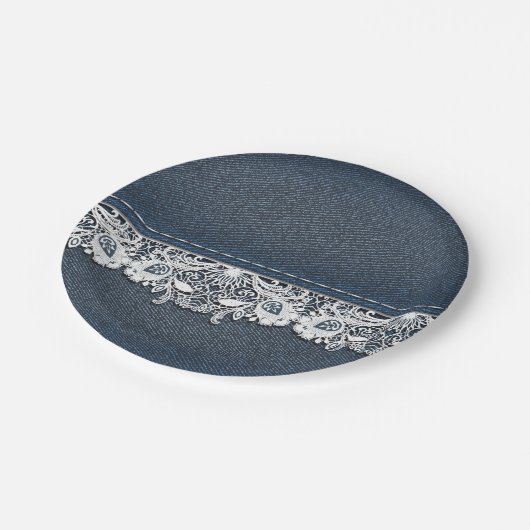 Retro Spitze-und Denim-Beschaffenheit Pappteller (Schrägansicht)