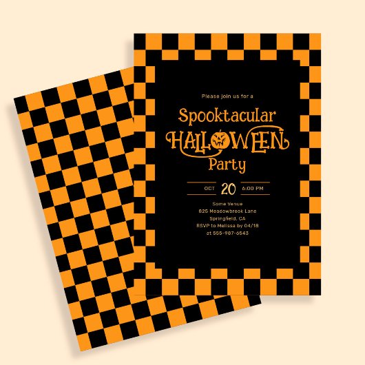 Retro Spooktacular Halloween Checkered Orange Einladung