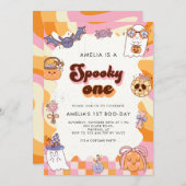 Retro Spooky Ein rosa Halloween 1. Geburtstag Einladung (Vorne/Hinten)