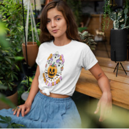 Retro Spooky Groovy Ghosts Pumpkin Halloween T-Shirt