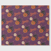 Retro Spooky Kitten Pumpkin Moons auf dunklen Lila Geschenkpapier (Flach)
