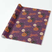 Retro Spooky Kitten Pumpkin Moons auf dunklen Lila Geschenkpapier (Ungerollt)