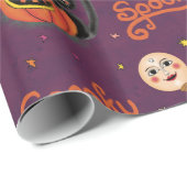 Retro Spooky Kitten Pumpkin Moons auf dunklen Lila Geschenkpapier (Rolleneckpunkt)