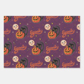 Retro Spooky Kitten Pumpkin Moons auf dunklen Lila Geschenkpapier Set (Vorderseite 2)